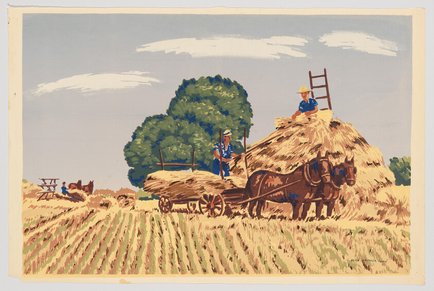 Two farm workers load hay onto a wagon pulled by horses beside a large haystack.