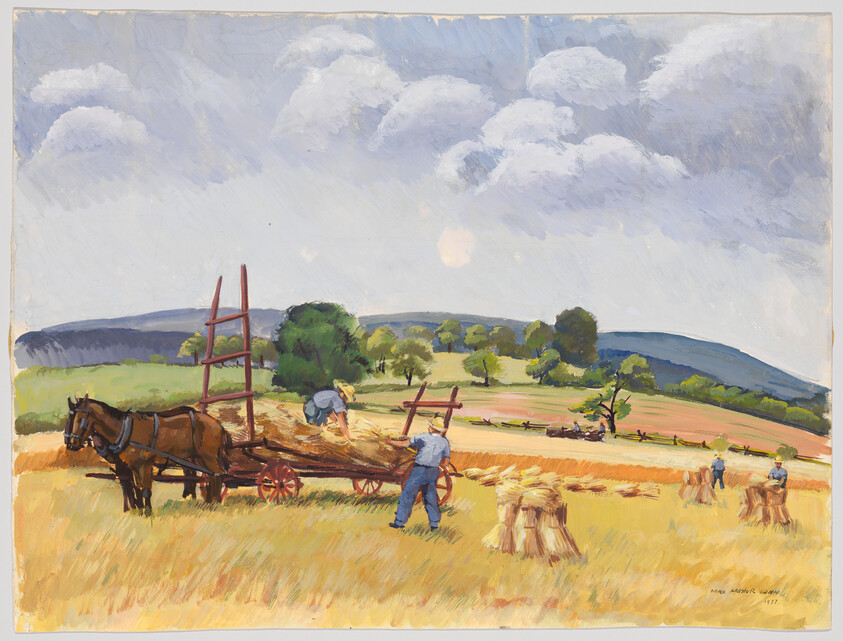 Farmworkers load bundles of hay onto a horse-drawn wagon in a sunlit harvested field.