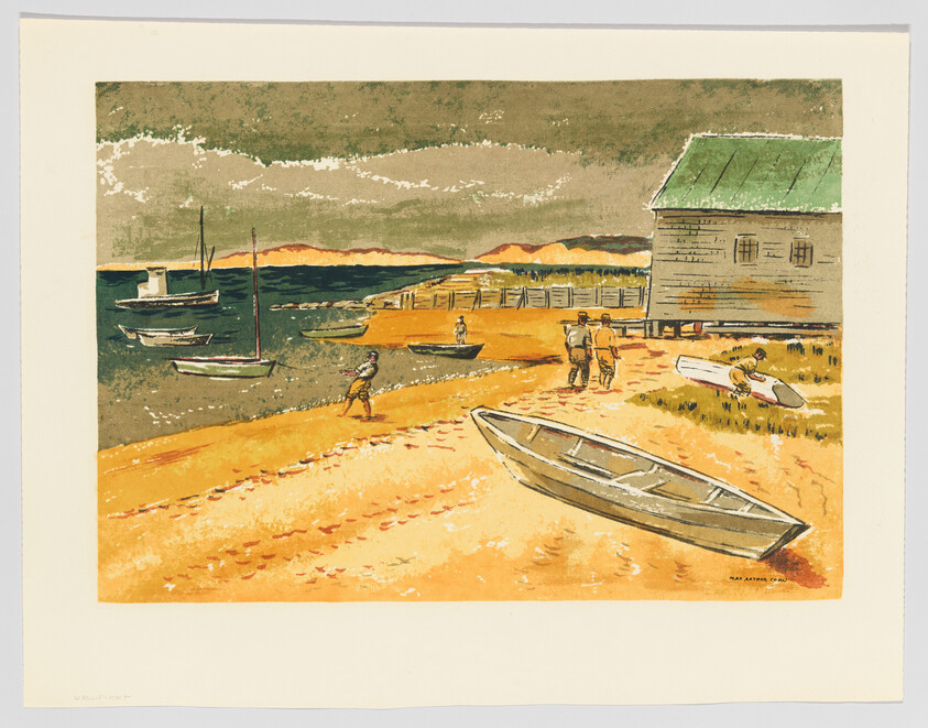 A colorful print depicting a coastal scene with a sandy beach in the foreground where a rowboat is resting. Several figures are scattered throughout the scene, with two individuals near a small wooden building on the right and another person closer to the water's edge. In the background, there are multiple sailboats on the water and a hilly landscape under a cloudy sky. The image is titled "WELLFLEET" on the bottom left and signed "MAX KUEHNE, IMP" on the bottom right.