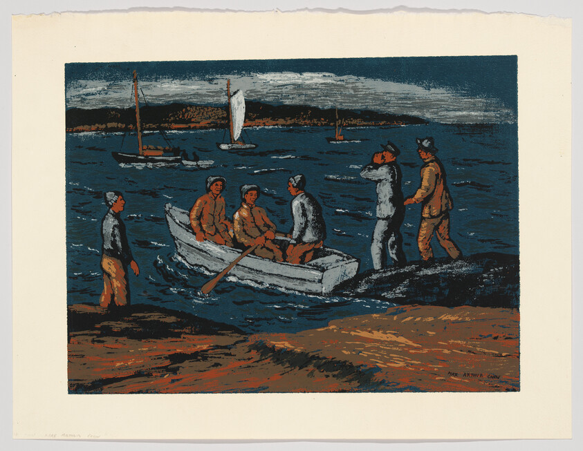 A colorful print depicting a group of people on a beach with a rowboat and several sailboats in the background on the water. The scene is rendered in a style that uses bold colors and strong outlines, suggesting an early to mid-20th-century printmaking technique. The foreground shows a sandy shore where two figures are walking towards the right, while another figure stands in the water next to the rowboat, which contains four individuals. The sea is depicted in shades of blue with white highlights, and the sky above is dark, suggesting either a stormy or a twilight setting. The print has a rough texture and is bordered by an unprinted margin, with the artist's signature in the bottom right corner.