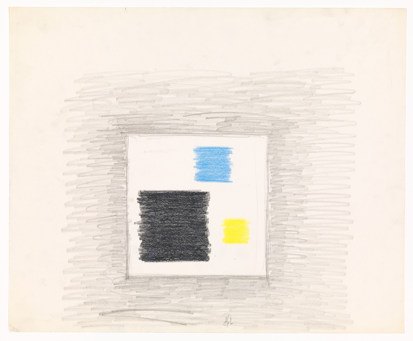Three colored rectangles—a large black block, a small blue patch, and a yellow square—sit inside a gray shaded frame.