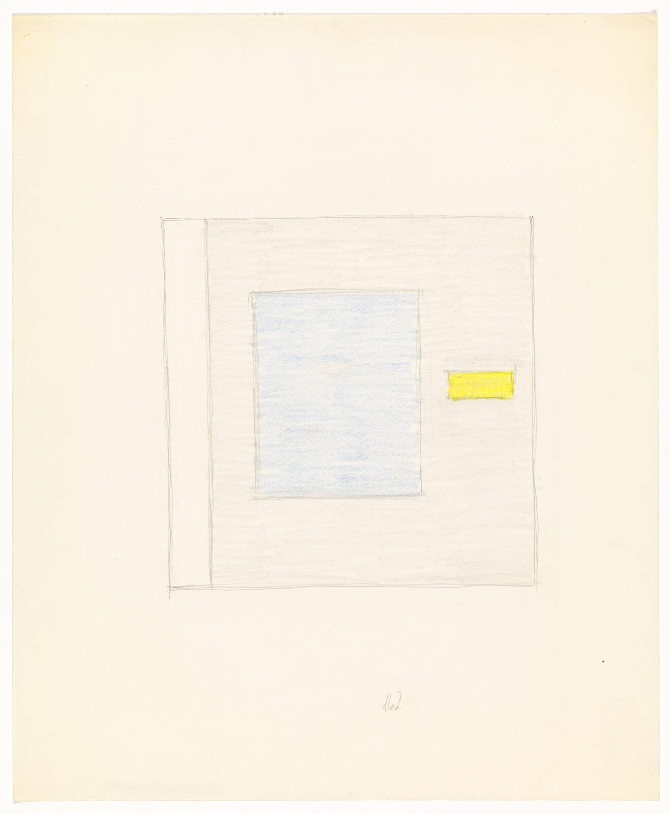 A faint pencil square contains a blue square and a small yellow rectangle on paper.