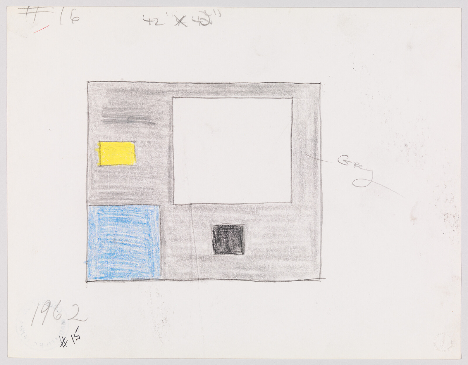 Gray framed square with white center, small yellow rectangle, blue square, and tiny black square.
