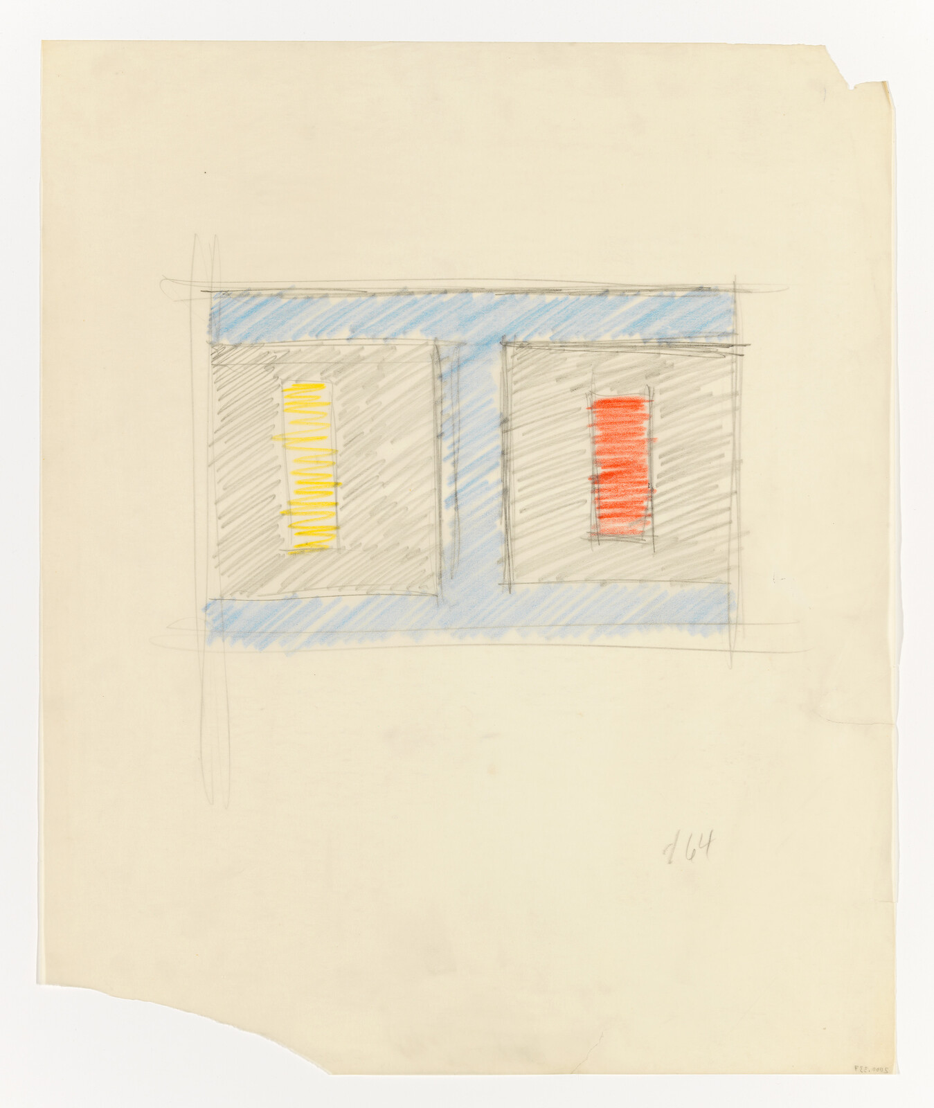 Simple architectural sketch of two side-by-side framed rectangles with yellow and red vertical panels.