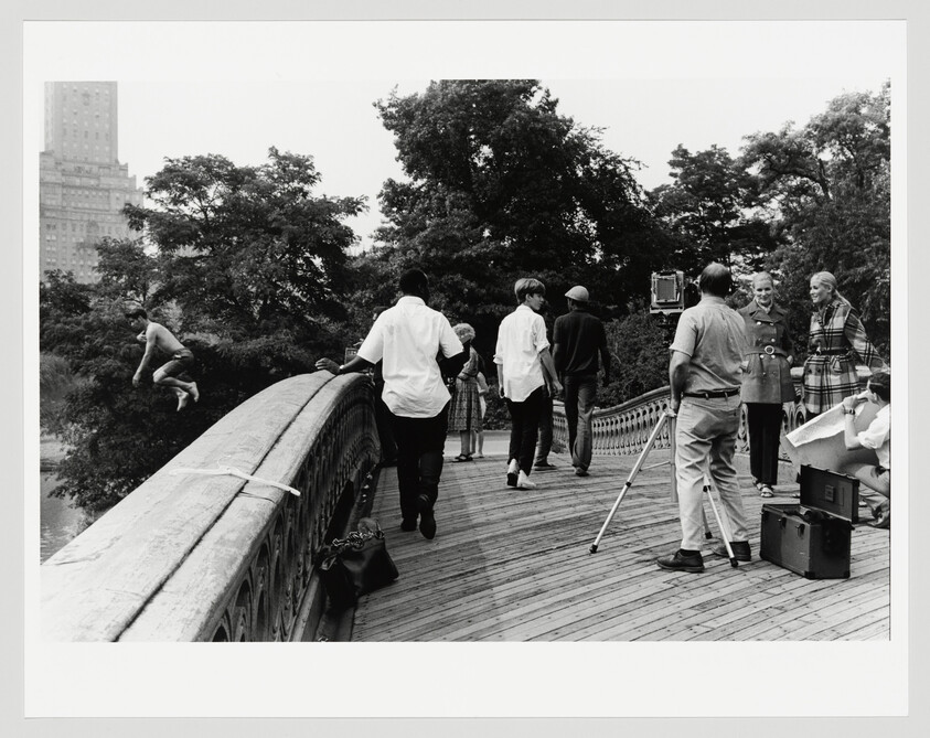 People and photographer set up on a city park bridge while a person jumps into water.