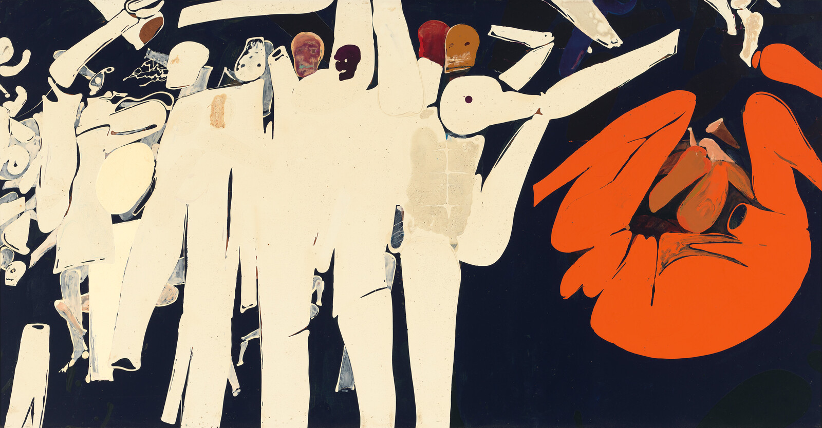 Abstract and vibrant artwork featuring a chaotic composition of white and orange figures against a dark background, with some figures appearing to be in motion or interacting.