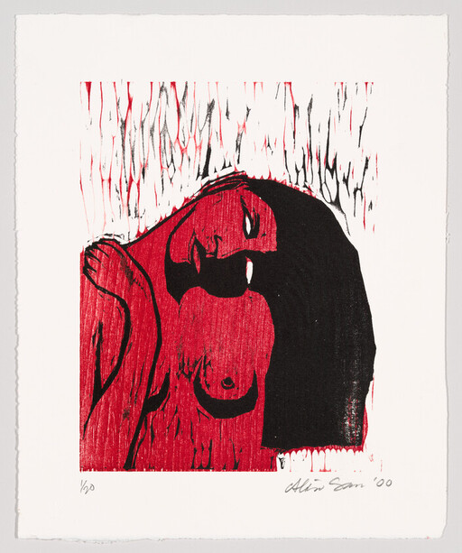 A red and black stylized print of a nude woman with long hair tilting her head.