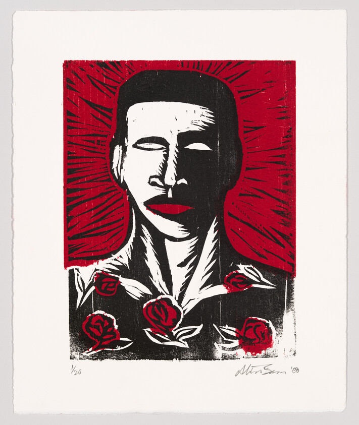 Red and black print of a stylized person with closed eyes and roses on their garment, signed and dated '08.