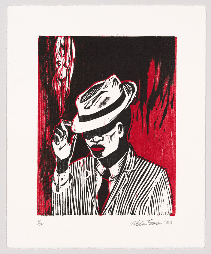 Stylized print of a person in a pinstripe suit and fedora, holding sunglasses, with a red and black color scheme.
