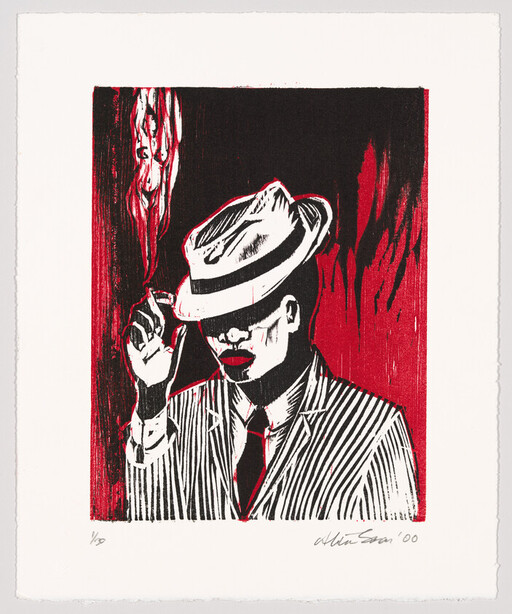 Man in a fedora and striped suit tips his hat while smoking against a red background.
