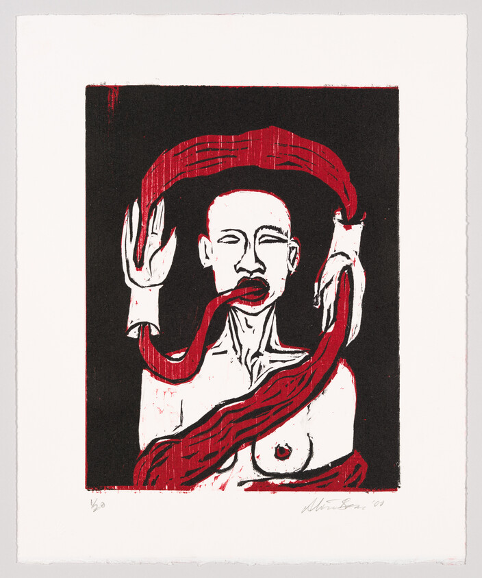 A stylized print of a person with red bands flowing around their face and body against a black background.