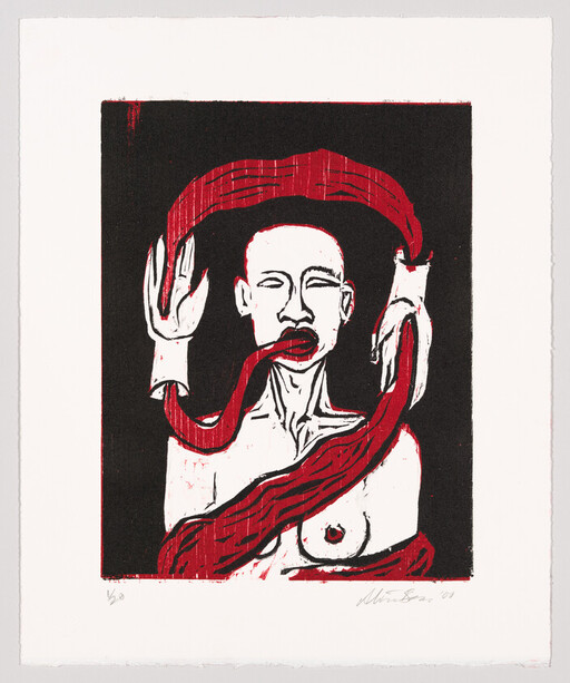 A stylized person with a long red ribbon wrapped around their head, mouth, and torso.