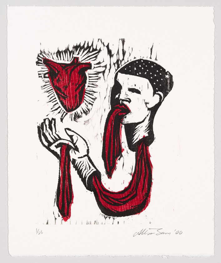 A black and red linocut print showing a stylized person with a bird-like mask and draped fabric, signed and dated '00.