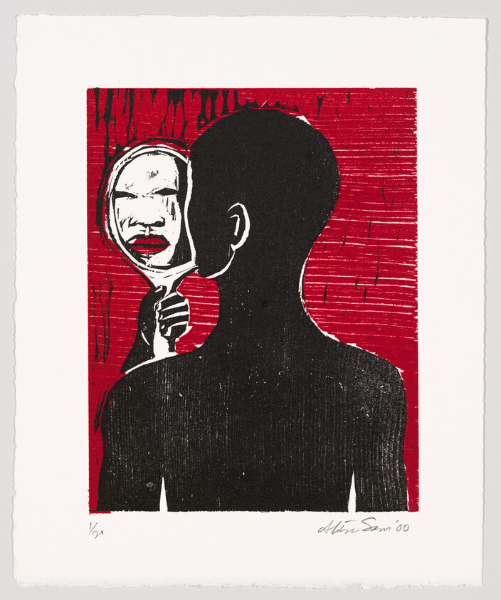 Silhouetted figure holding a smiling mask up to its face against a red background, print by Aldemir Martins from 2000.