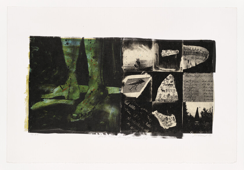 Green-tinted bare feet and legs beside a grid of small photographs, sketches, and handwritten notes.