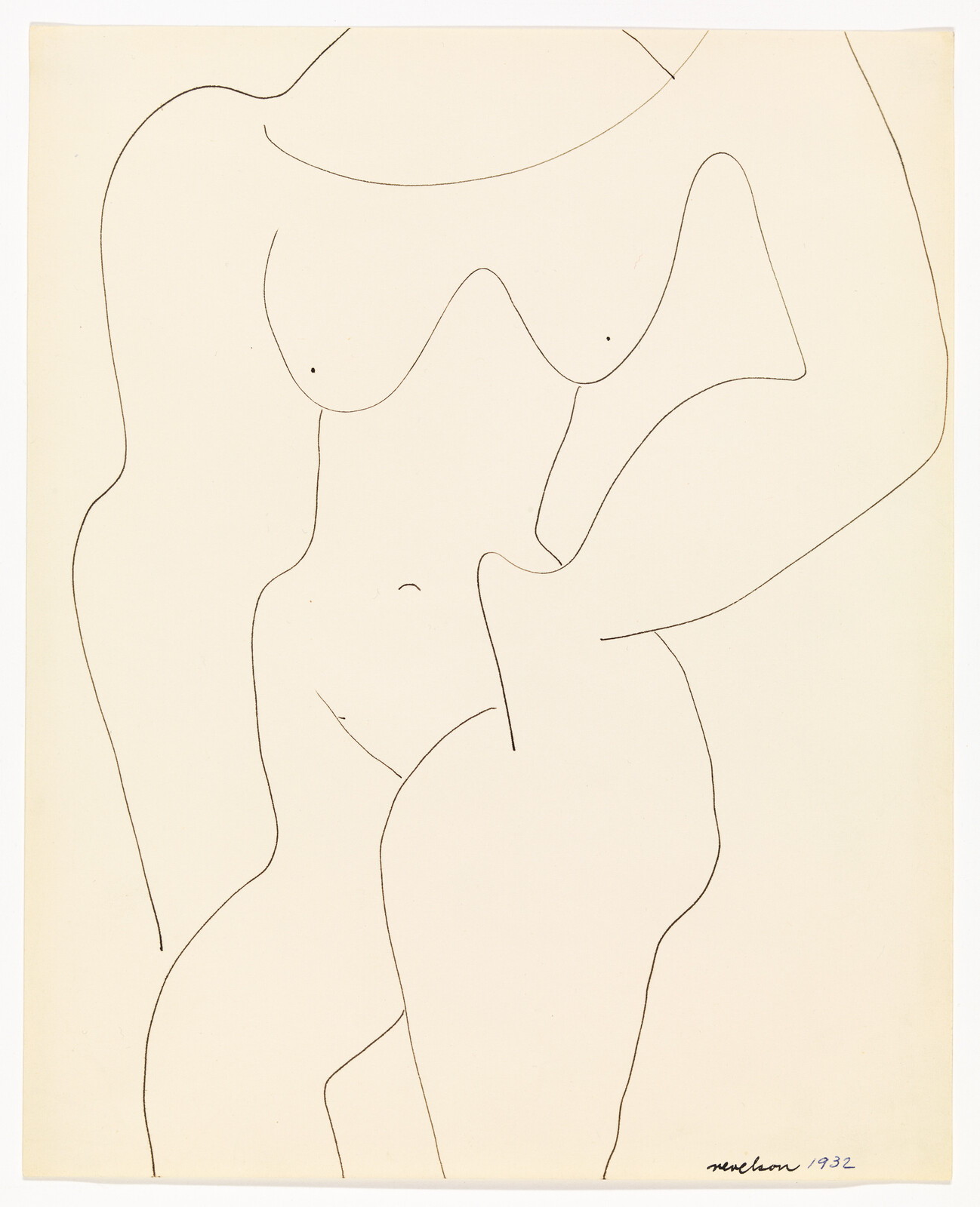 Simple continuous-line drawing of a standing nude woman with one hand on her hip.