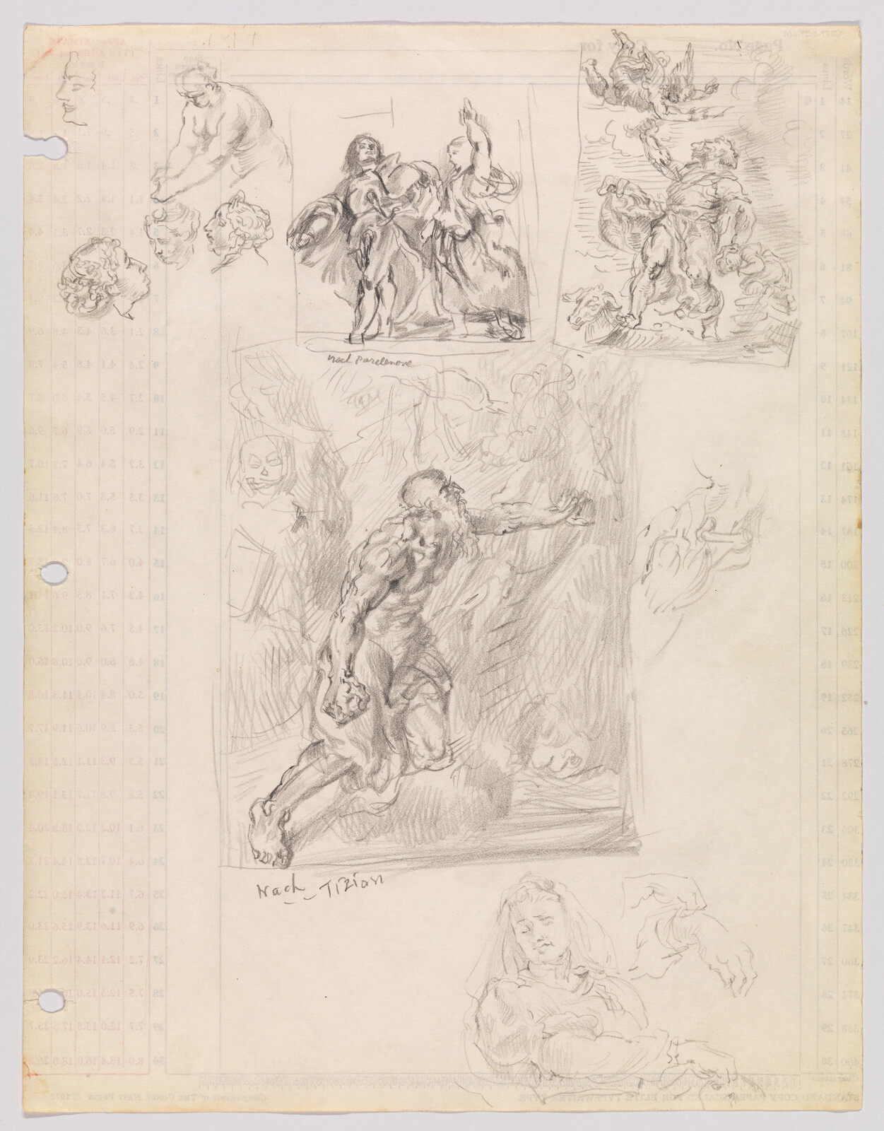 Several pencil figure studies on paper, centered on a muscular man lunging forward.