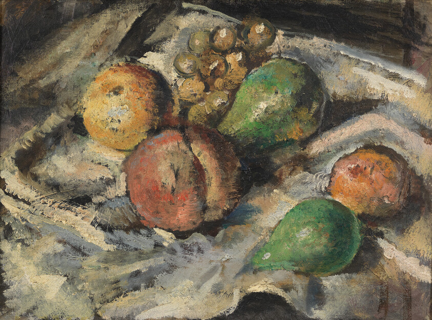 A still life with peaches, pears, and grapes arranged on wrinkled white cloth.
