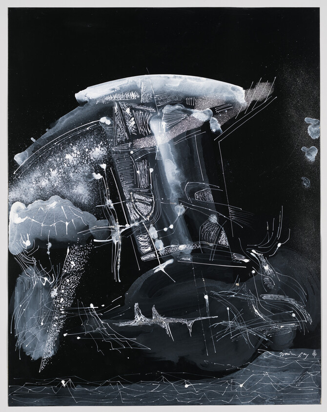 Abstract black background with white swirling lines forming a tilted architectural arch and cloud-like shapes.