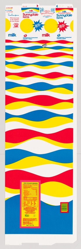 Vertical banner with colorful wavy stripes and Sunnydale milk ads at the top, with a yellow menu and small green square at the bottom.