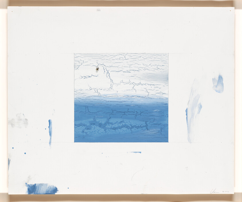 A white canvas with a small blue abstract seascape centered and paint smudges around edges.