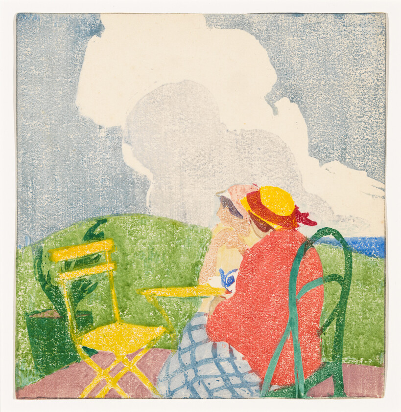 A colorful print depicting a person seated at a green metal chair by a yellow table, gazing into the distance. The individual is wearing a red top, blue skirt, and a yellow hat with a red ribbon. The background features a blue sky with white cloud-like shapes, and a hint of a blue water body at the horizon. The style is reminiscent of pointillism, with visible dots of color creating the image.