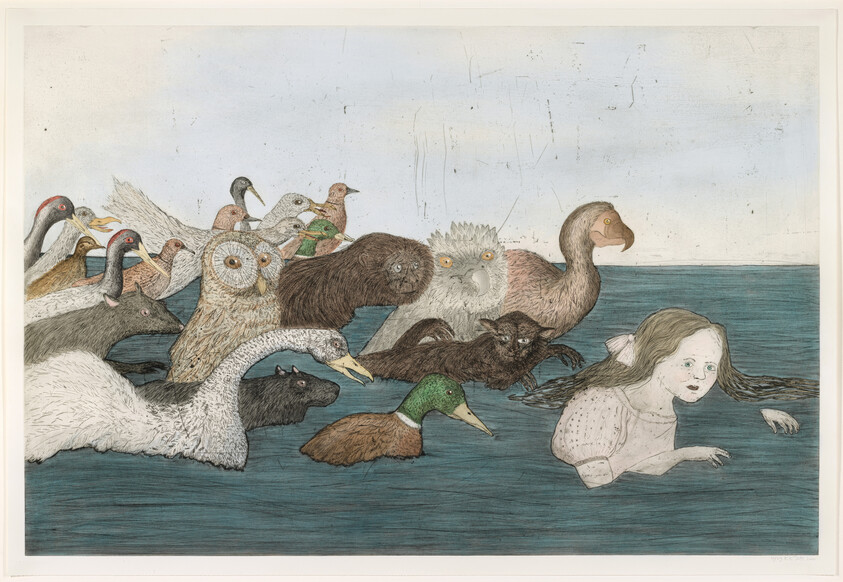 A young girl swims in water as a strange procession of birds and animals follows closely.