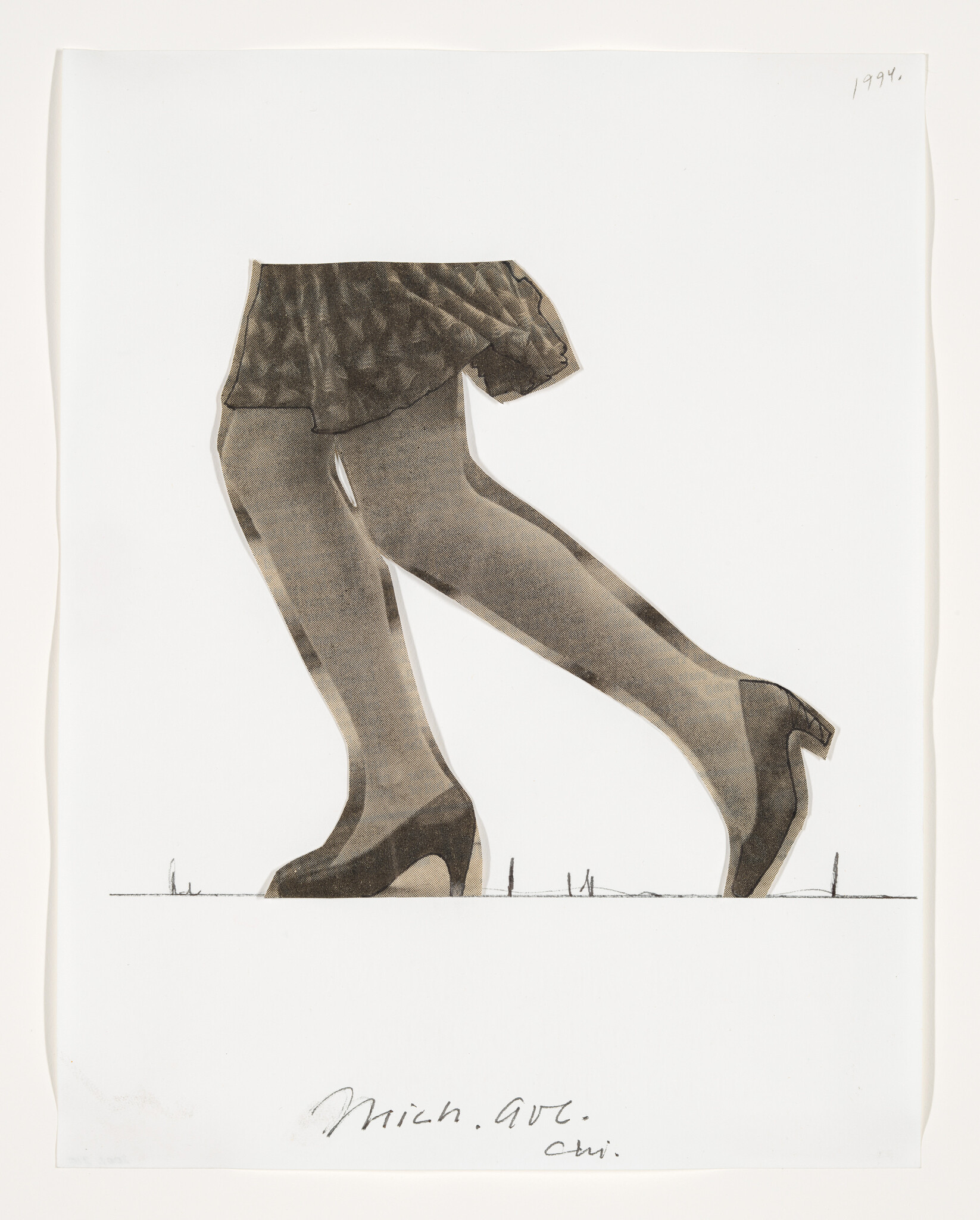 Illustration of a pair of legs wearing patterned shorts, sheer tights, and high-heeled shoes, walking along a simple line that suggests the ground. The image has a sketch-like quality with handwritten text at the bottom and the year 1997 written at the top right corner.