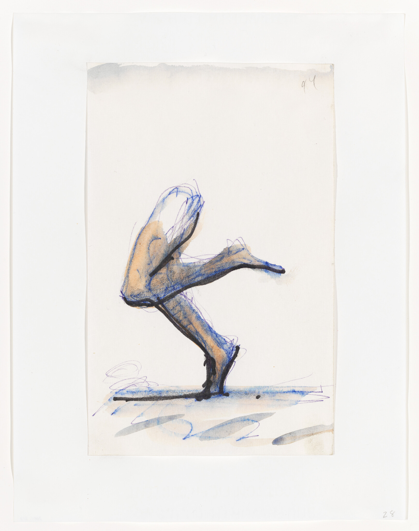 A sketch of a human figure in a dynamic pose, with one leg extended forward and arms not fully detailed, using blue and brown hues on a plain background. The artwork is bordered by white space and has some handwritten markings at the top and bottom.