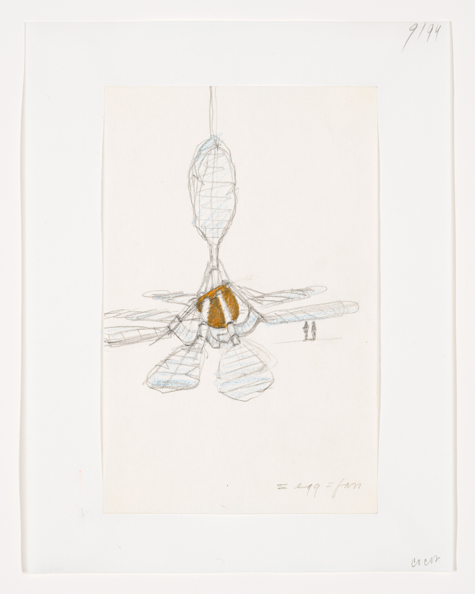 A pencil sketch of a hanging cocoon-like structure with an orange center and two tiny people nearby.