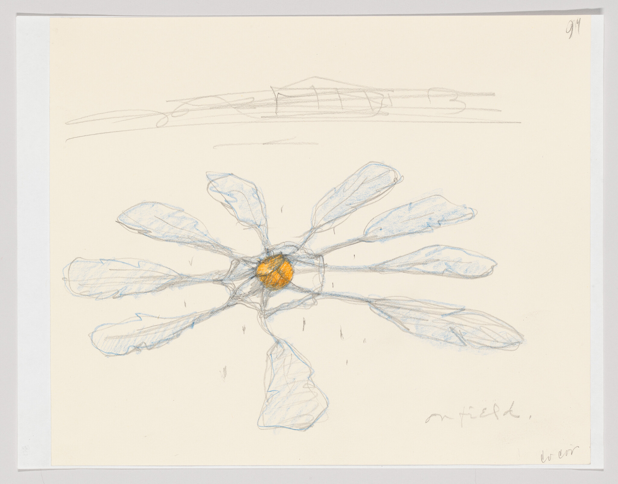 A simple pencil and colored-pencil sketch of a flower with an orange center and blue petals.