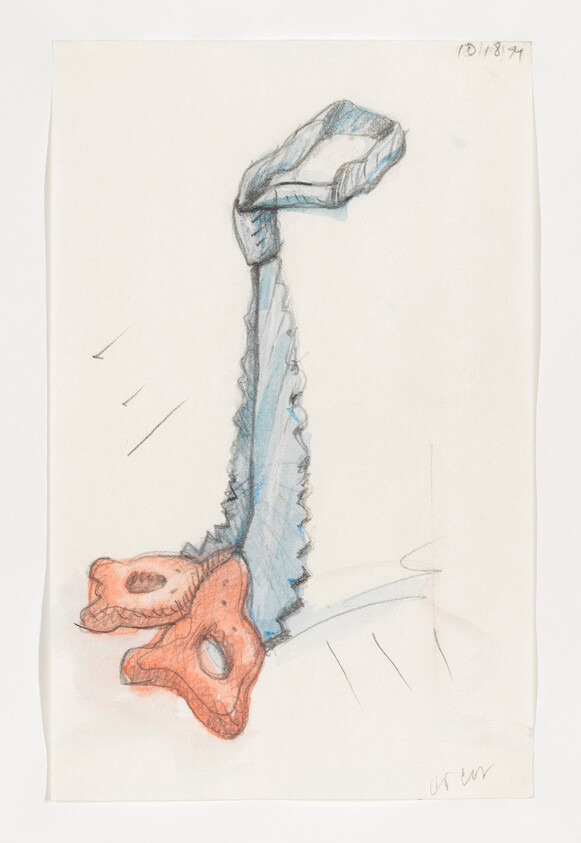 A pencil and watercolor sketch of a jagged blue saw blade with an orange wooden handle.