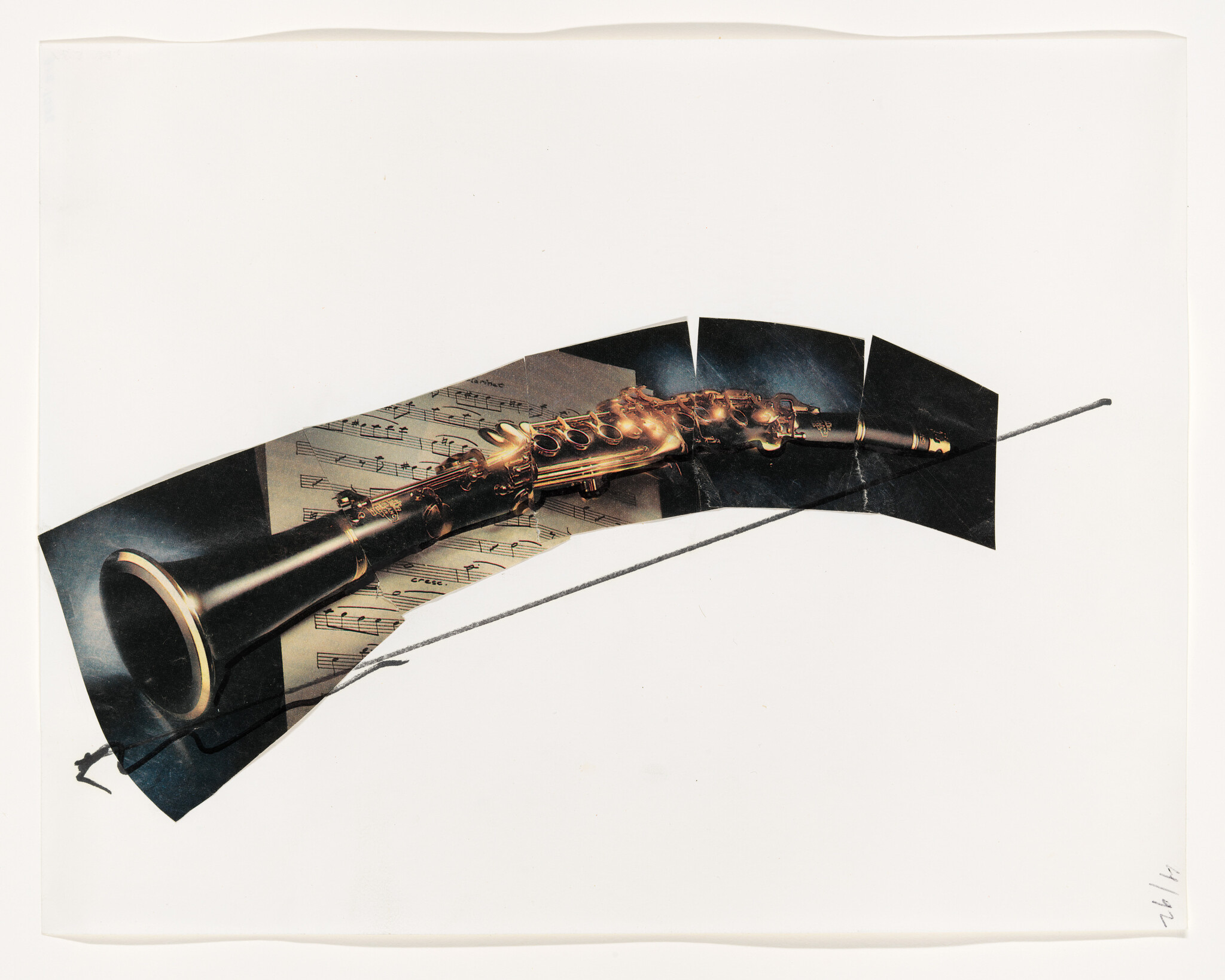 A torn collage of a clarinet laid across sheet music with a diagonal pencil line.