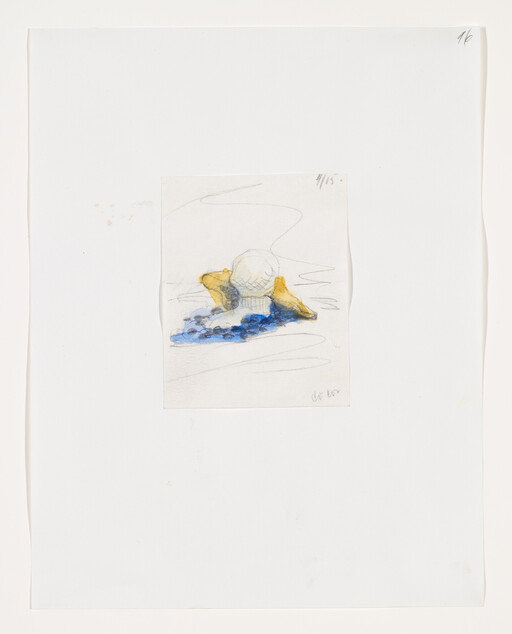 A small watercolor sketch shows a round white ball resting on yellow rocks and blue water.