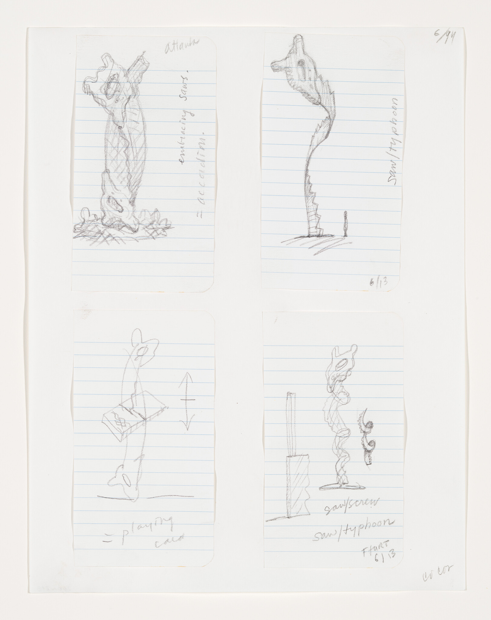 Four pencil sketches show tall twisting totem-like sculptures on lined notebook paper.