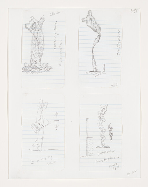 Four pencil sketches show tall twisting totem-like sculptures on lined notebook paper.