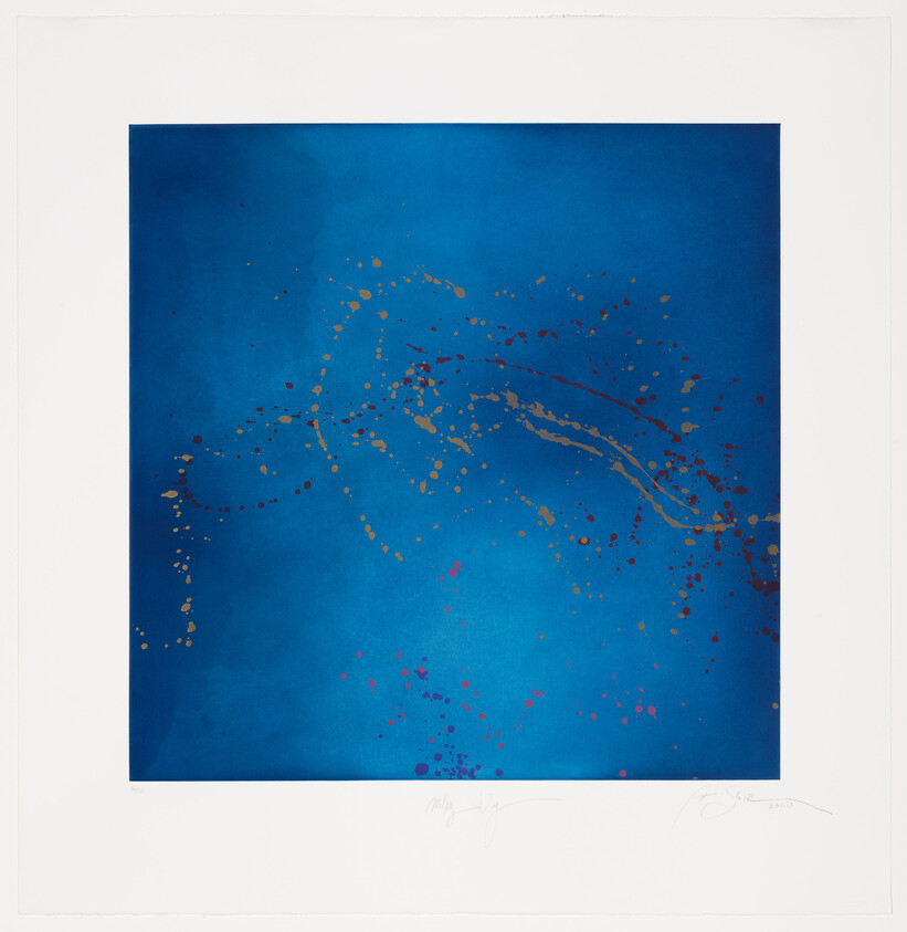 A vibrant abstract artwork featuring a deep blue background with scattered gold and red speckles forming a loose, swirling pattern. The image is a print with white borders, and there are signatures and edition numbers at the bottom.