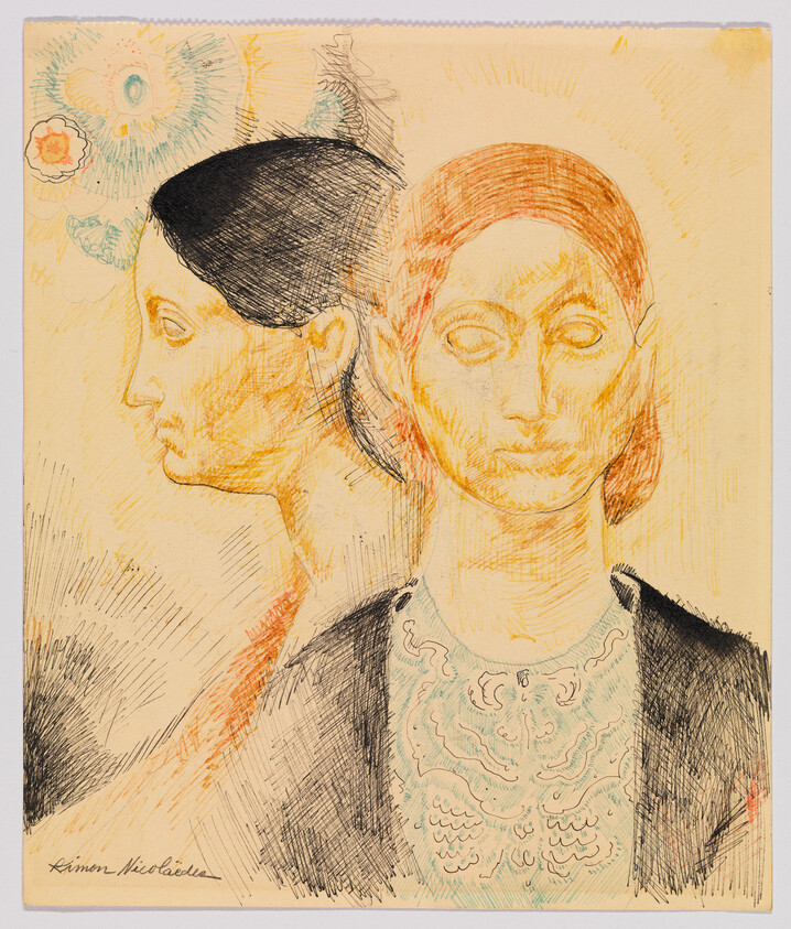 Two overlapping female portraits, one in profile with dark hair and one facing forward with red hair.