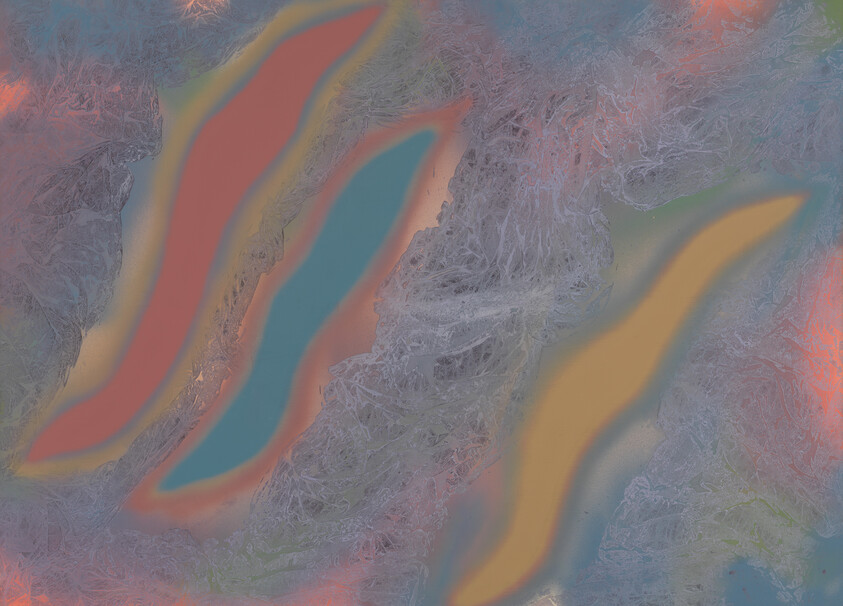 Three long colored bands float over a soft, textured background of swirling pastel grays and blues.