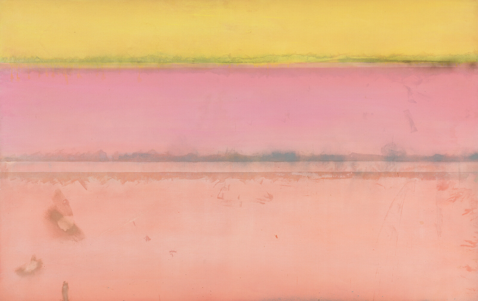 Three wide horizontal bands of color: yellow at the top, pink in the middle, and peach at the bottom.