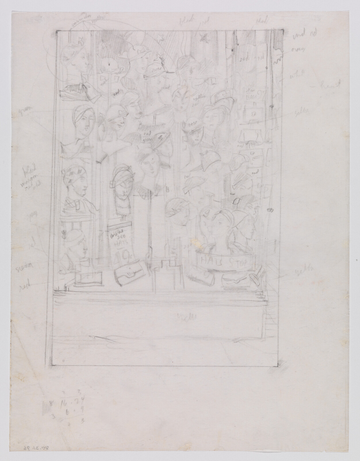 A pencil sketch shows a shop window filled with mannequin heads wearing hats and small accessories.