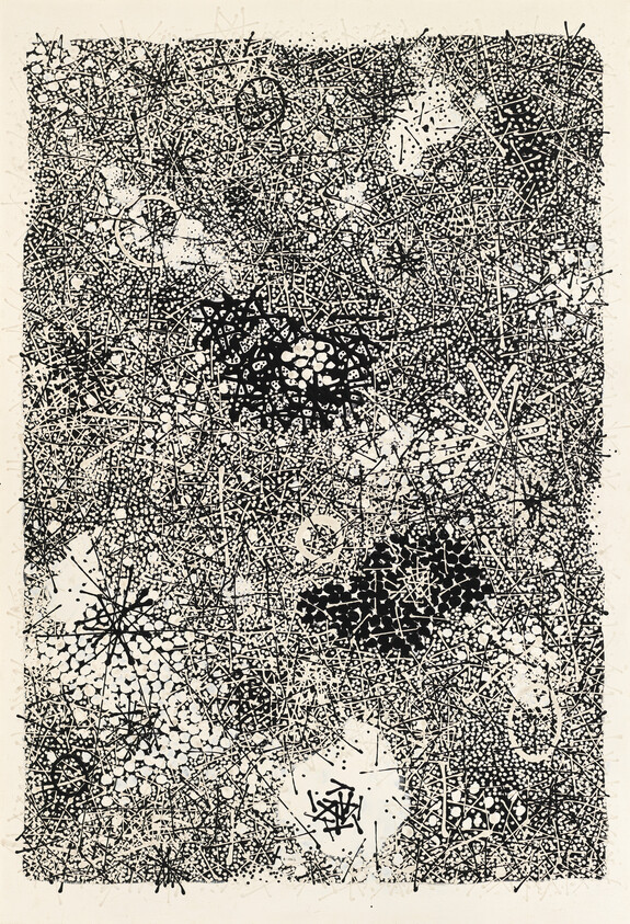 Dense black ink network of lines, dots, and star-like shapes forming an abstract textured pattern.