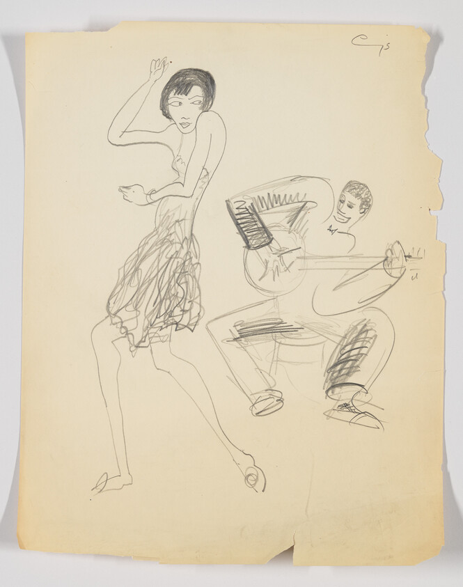 A sketch on aged paper featuring a stylized woman dancing with one arm raised and a man playing a stringed instrument, possibly a guitar, with a focus on movement and expression rather than detail. The paper has a torn edge on the right side.