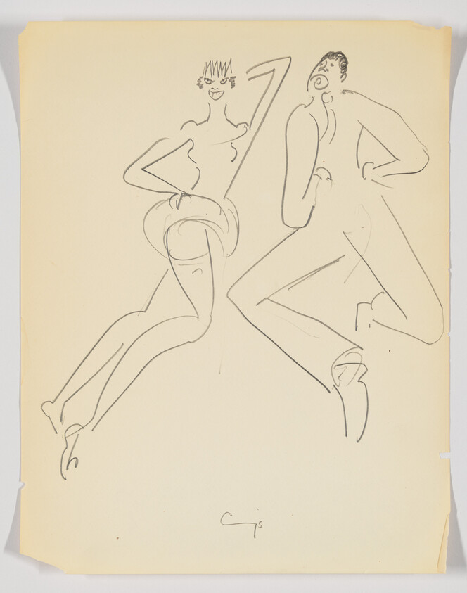 Two stylized dancers leap energetically, one wearing a short skirt and the other striking a pose.