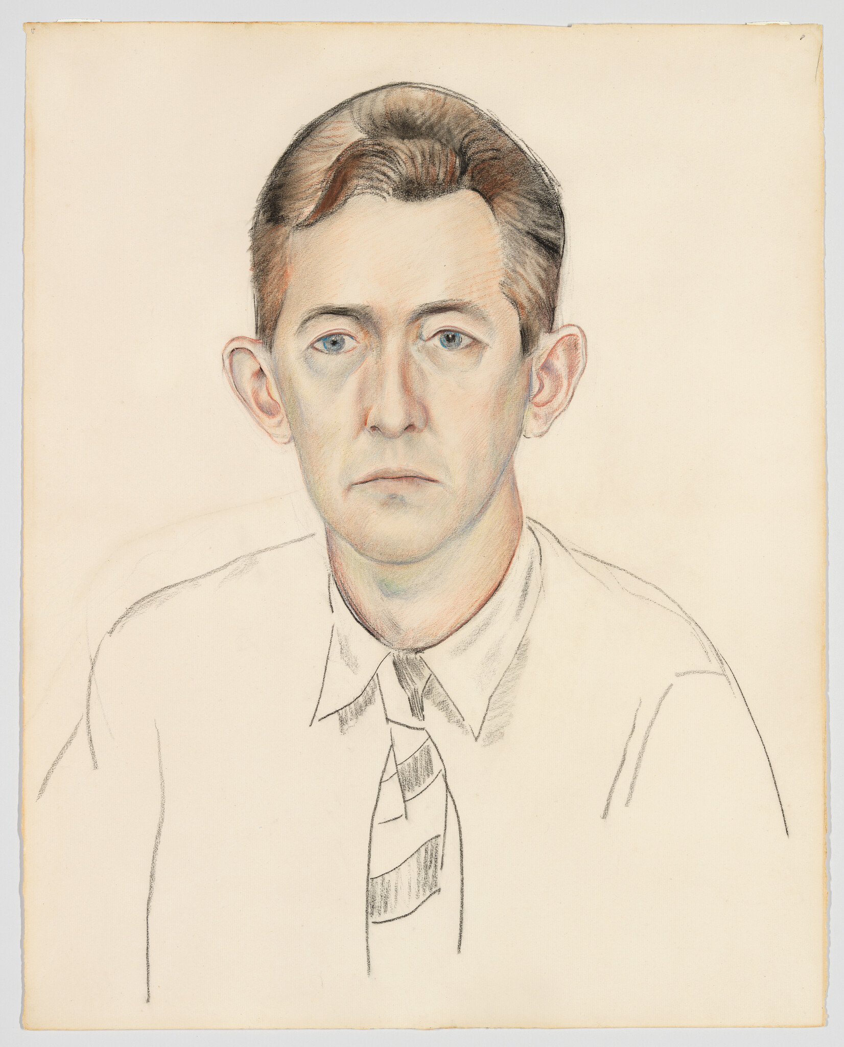 A somber man with short hair and a striped tie looks straight ahead in a pencil portrait.
