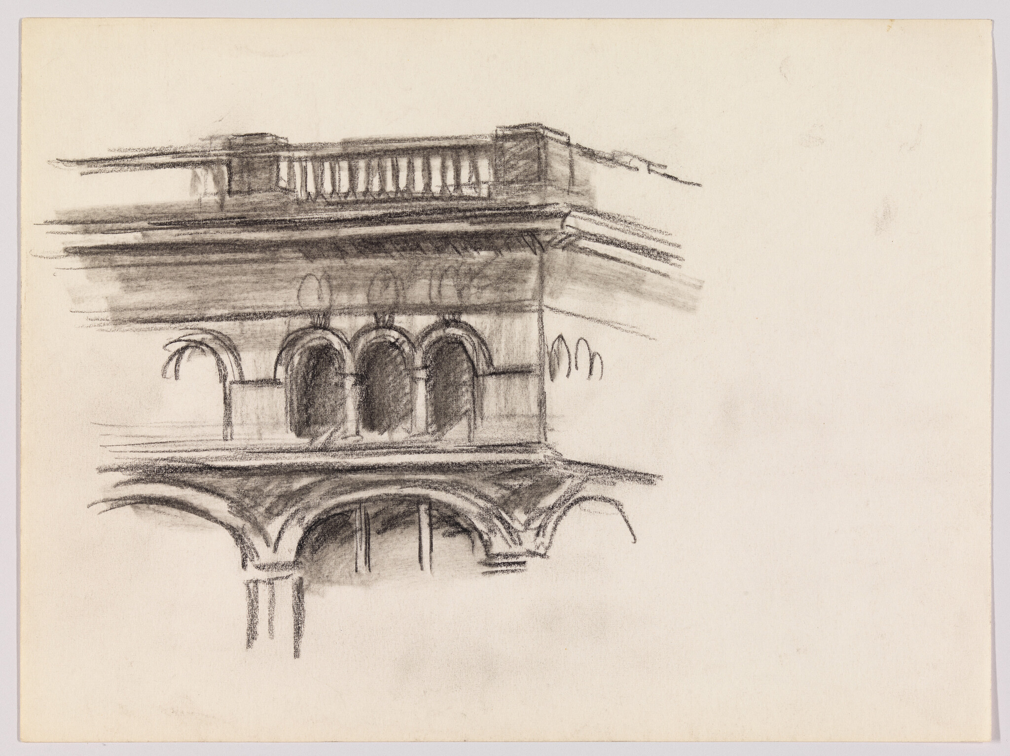 Charcoal sketch shows a building corner with stacked arches and a rooftop balustrade.