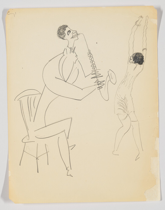 A seated musician plays a saxophone while a standing dancer stretches their arms upward.