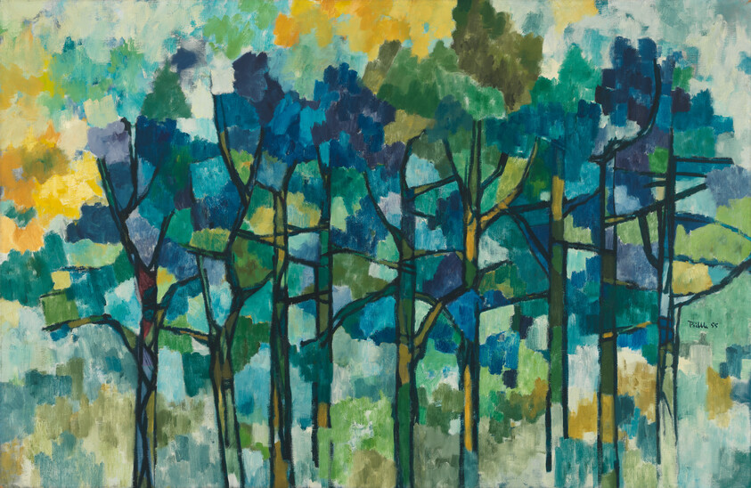 A row of slender tree trunks with blue-green mosaic leaves against a light background.