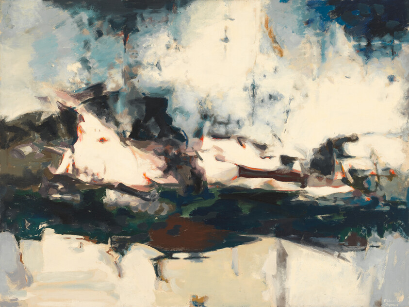 Abstract painting of rocky shoreline with muted sky reflected in calm water.