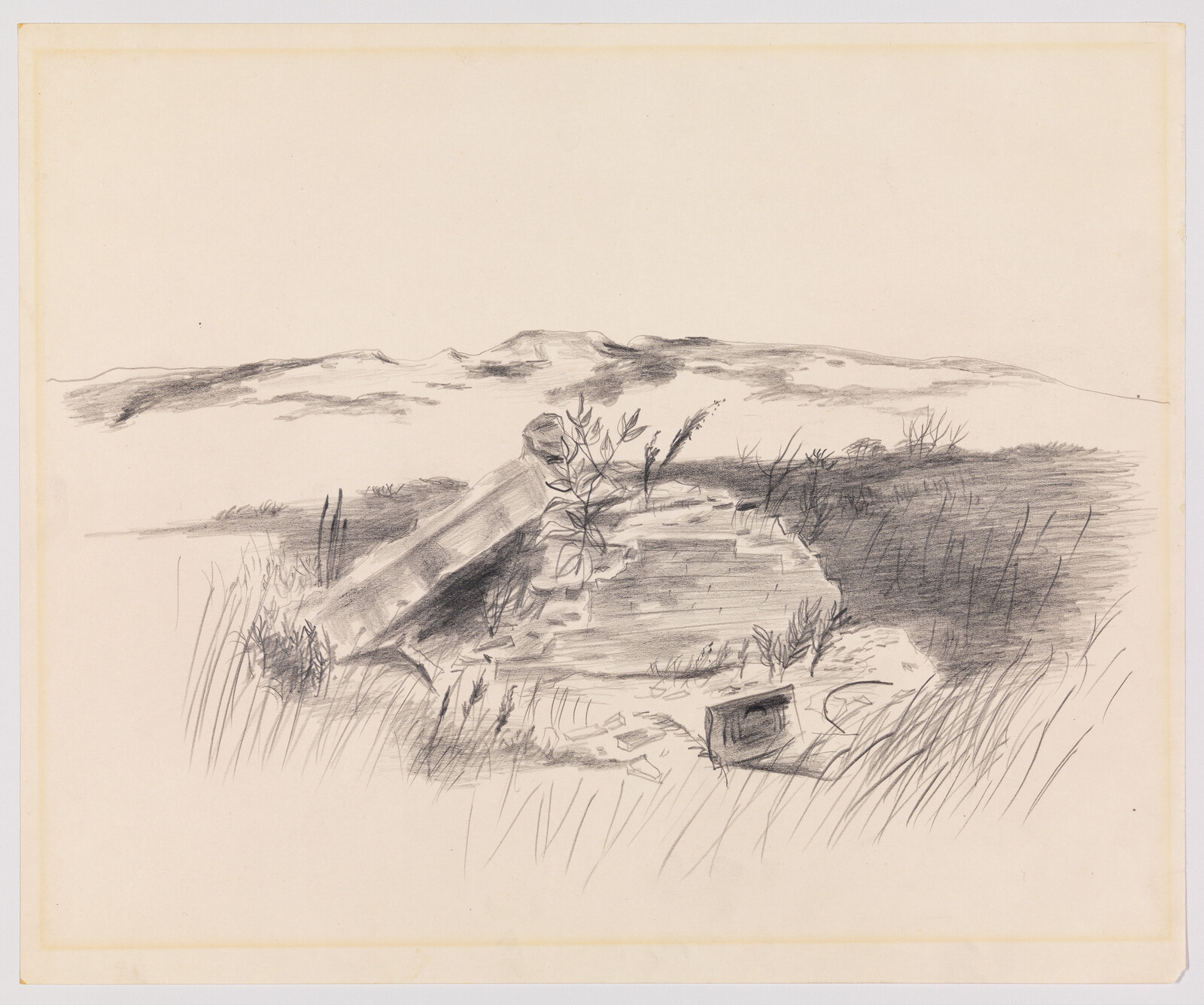 A pencil sketch depicting a broken wooden pier and tall grasses along a quiet marsh.